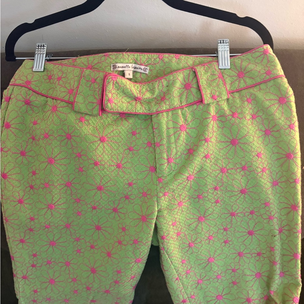 Vintage Nanette Lepore Lime Green with Pink Daisy Trim Jacquard Pants. Size 8